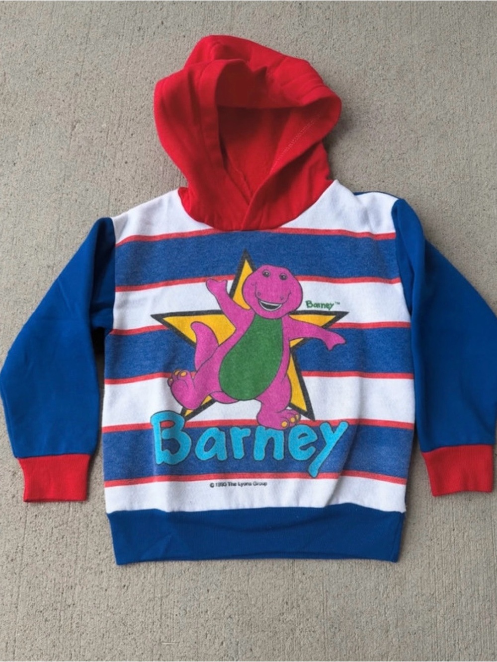 Kids vintage Barney Striped Hoodie - Red, Blue, White size 4